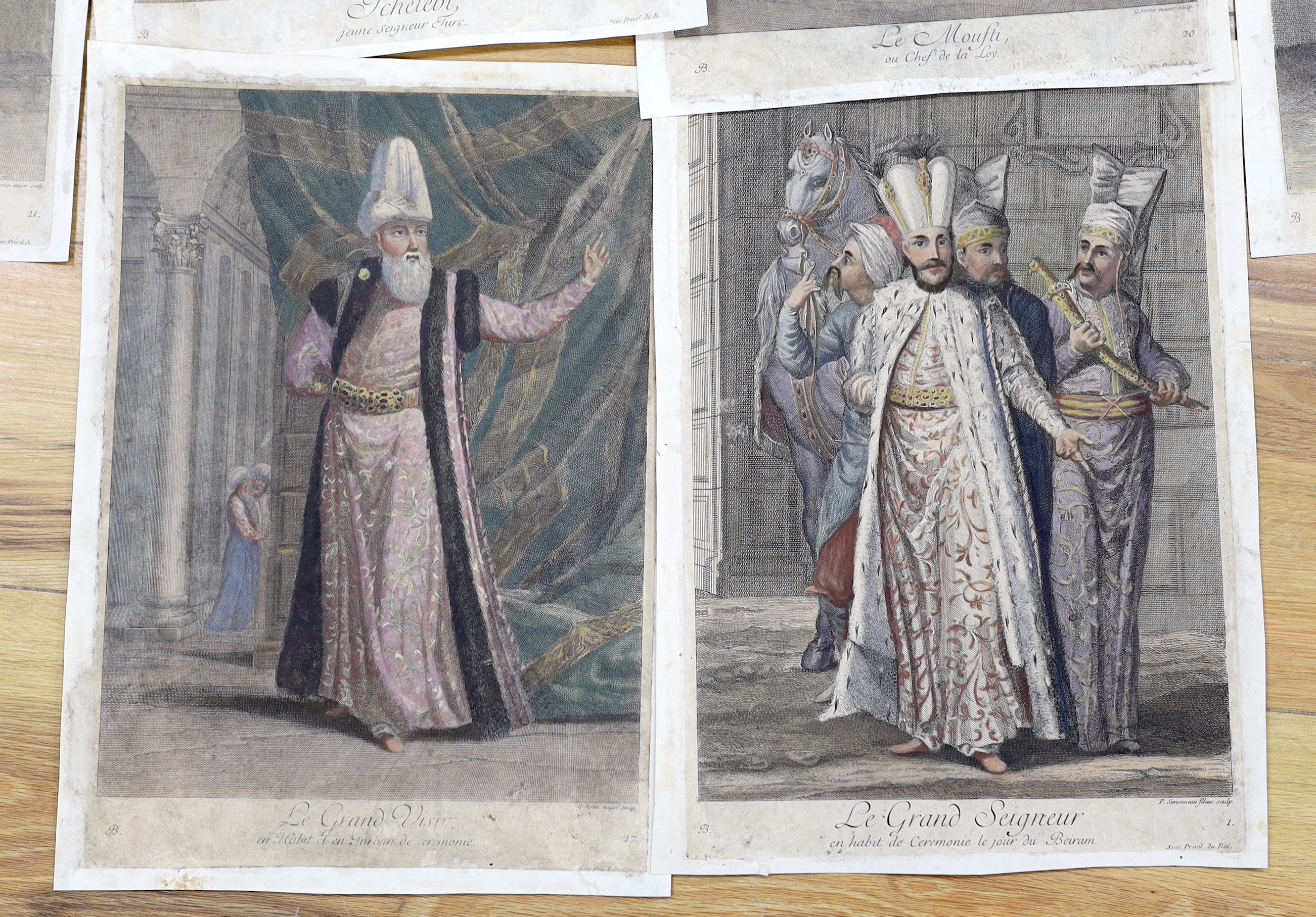 After Jean Baptiste Vanmour (Flemish/French, 1671-1737), a collection of eight hand coloured engravings of Turkish costumes, together with a small collection of hand coloured lithographs relating to Turkey and other Midd